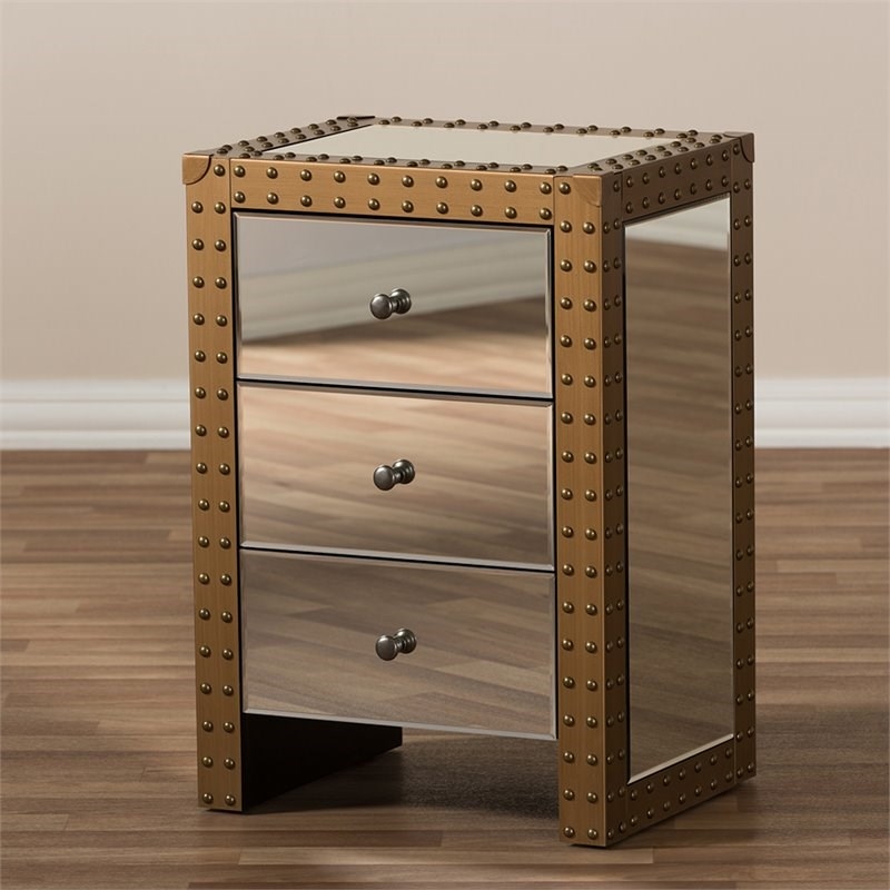 Bowery Hill 3 Drawer Mirrored Nightstand in Silver and Natural