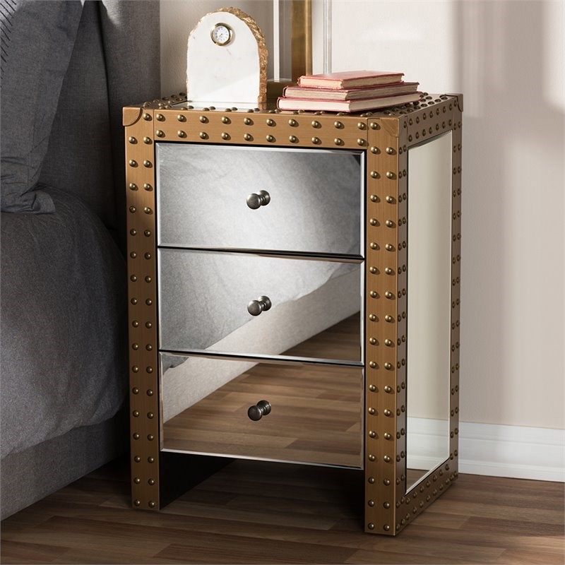 Bowery Hill 3 Drawer Mirrored Nightstand in Silver and Natural