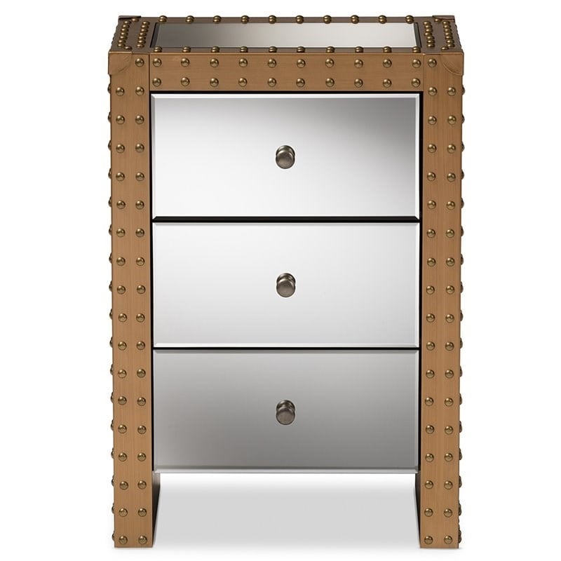 Bowery Hill 3 Drawer Mirrored Nightstand in Silver and Natural