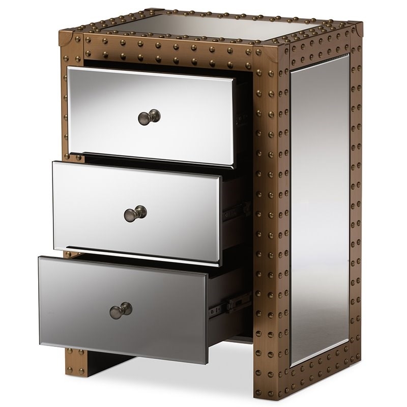 Bowery Hill 3 Drawer Mirrored Nightstand in Silver and Natural