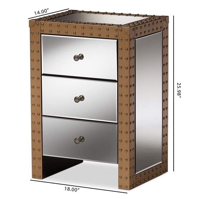 Bowery Hill 3 Drawer Mirrored Nightstand in Silver and Natural
