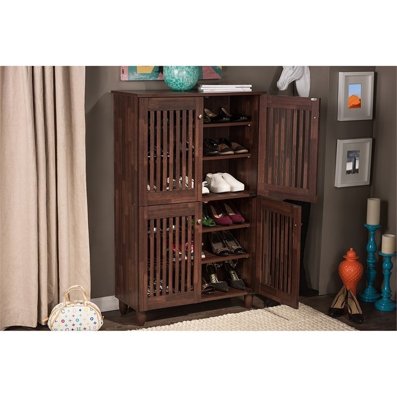 Bowery Hill 4 Door Tall Shoe Cabinet in Oak Brown