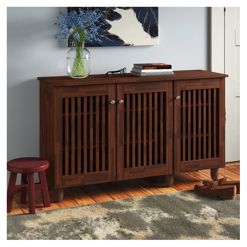 Bowery Hill Modern Wood 3 Door Shoe Cabinet in Dark Brown Finish