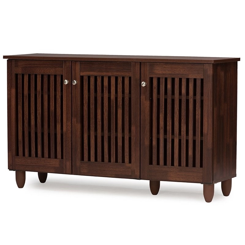 Bowery Hill Modern Wood 3 Door Shoe Cabinet in Dark Brown Finish