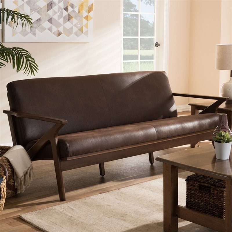 Bowery Hill Faux Leather Sofa in Dark Brown and Walnut Brown