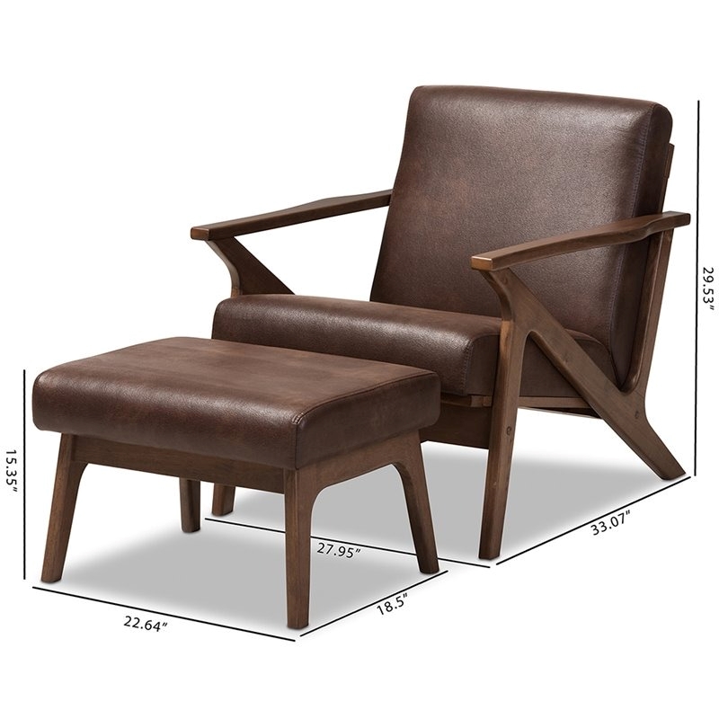 Bowery Hill Mid-Century Wood/Faux Leather Accent Arm Chair with Ottoman in Brown