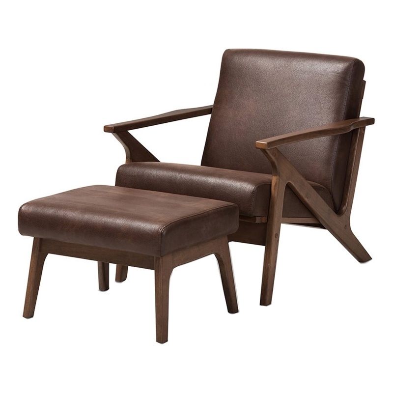 Bowery Hill Mid-Century Wood/Faux Leather Accent Arm Chair with Ottoman in Brown