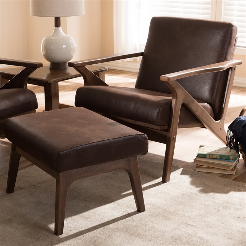 Bowery Hill Mid-Century Wood/Faux Leather Accent Arm Chair with Ottoman in Brown