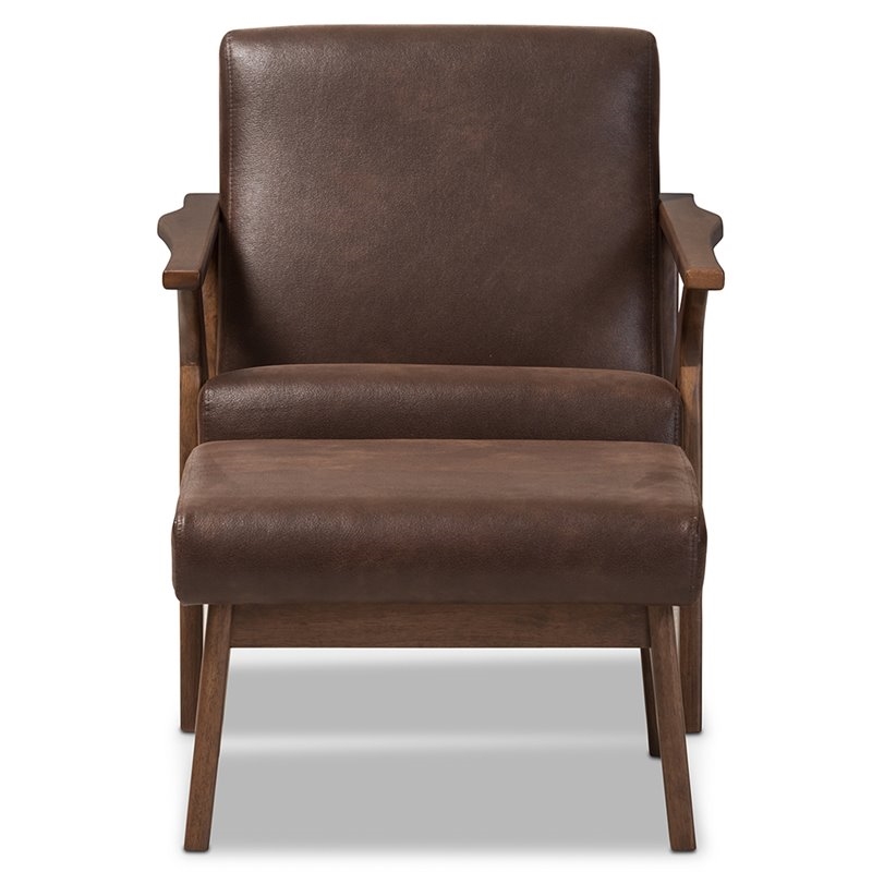 Bowery Hill Mid-Century Wood/Faux Leather Accent Arm Chair with Ottoman in Brown