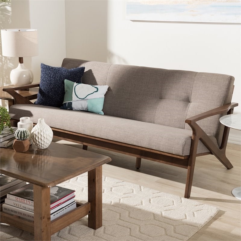 Bowery Hill Fabric Sofa in Light Gray and Walnut Brown