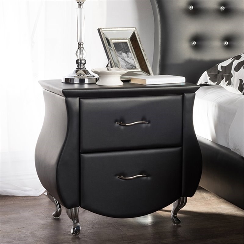 Bowery Hill 2 Drawer Faux Leather Nightstand in Black