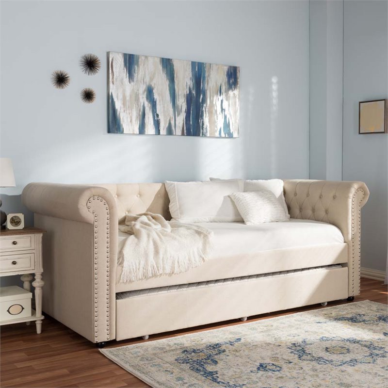 Bowery Hill Contemporary Fabric Daybed with Trundle in Light Beige