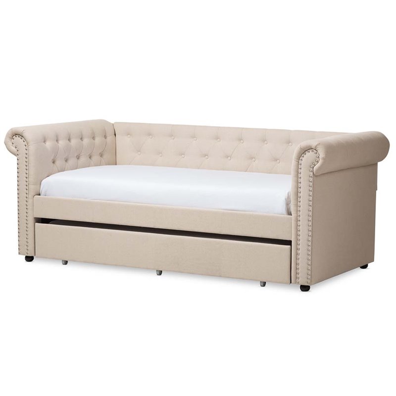 Bowery Hill Contemporary Fabric Daybed with Trundle in Light Beige
