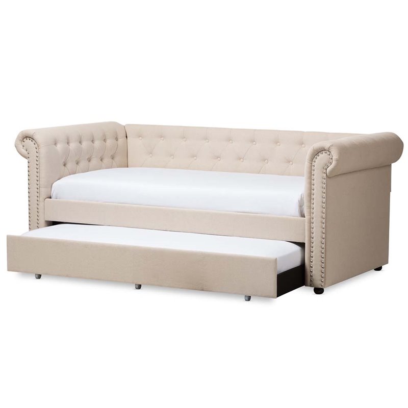 Bowery Hill Contemporary Fabric Daybed with Trundle in Light Beige