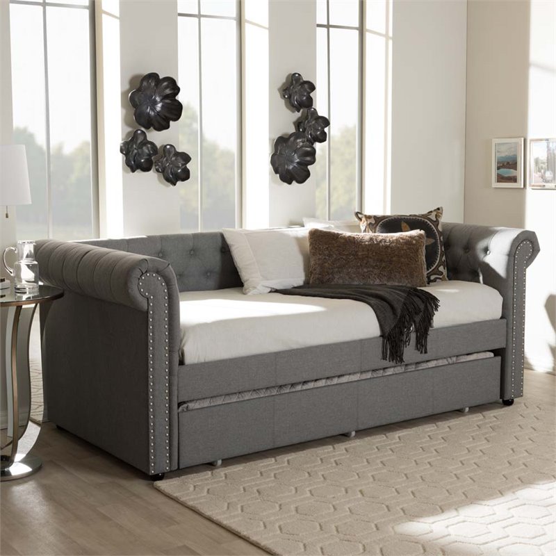 Bowery Hill Classically Designed Fabric Daybed with Trundle in Gray