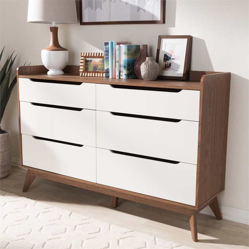 Bowery Hill Mid-century 6 Drawer Double Dresser in White and Walnut