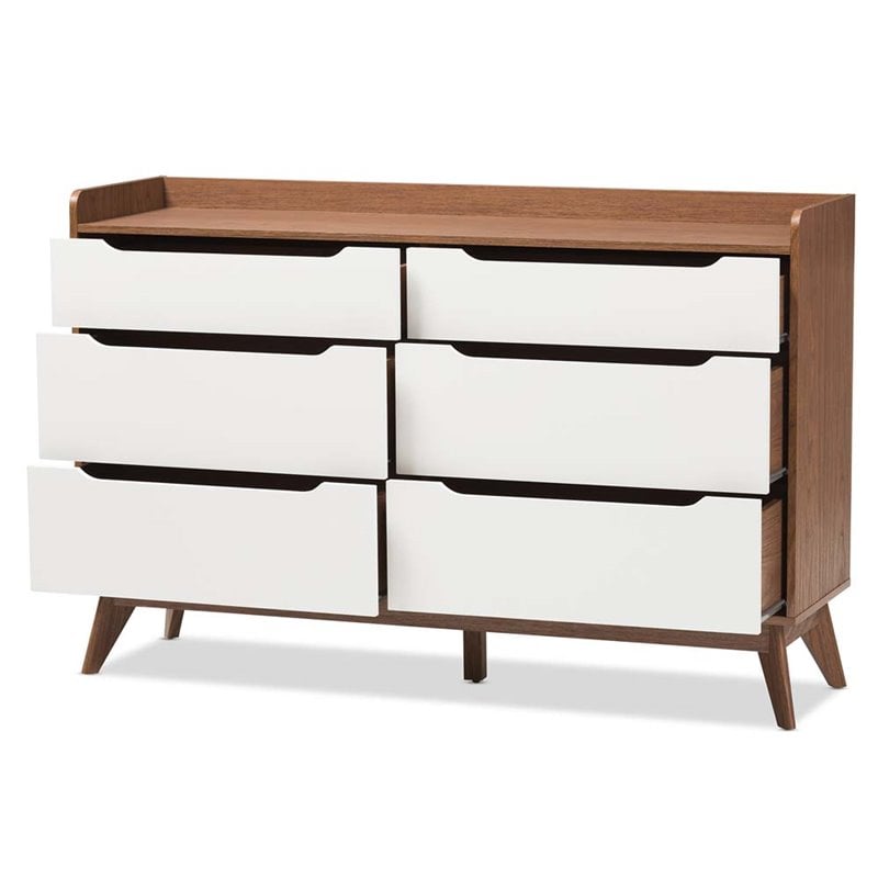 Bowery Hill Mid-century 6 Drawer Double Dresser in White and Walnut