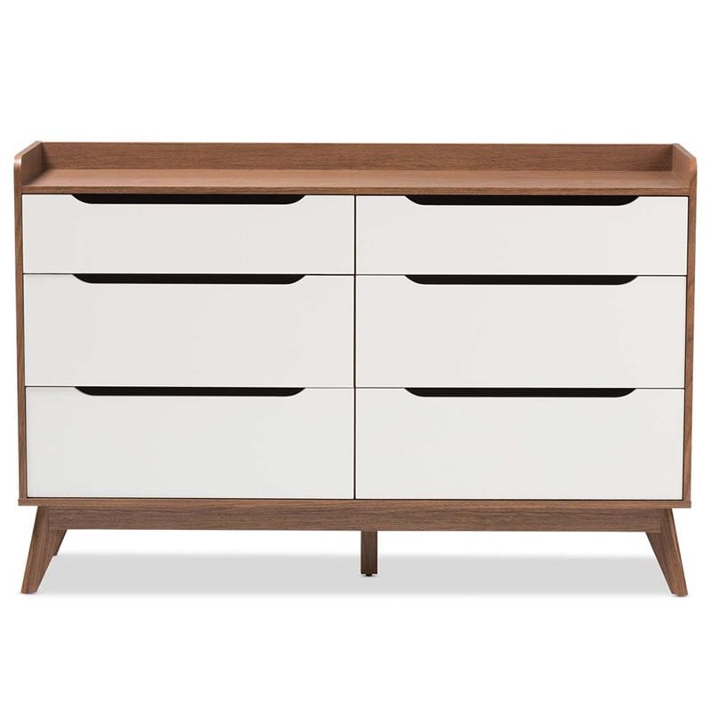 Bowery Hill Mid-century 6 Drawer Double Dresser in White and Walnut