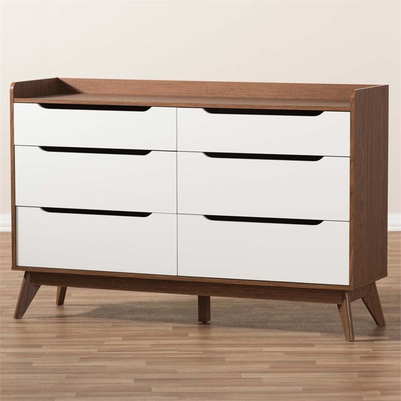 Bowery Hill Mid-century 6 Drawer Double Dresser in White and Walnut