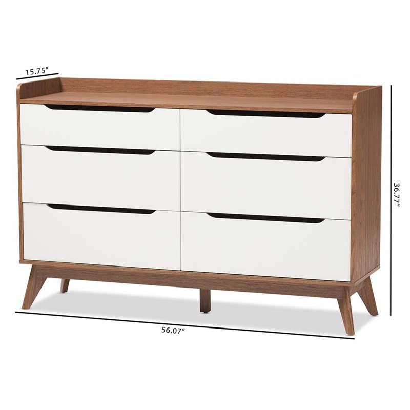 Bowery Hill Mid-century 6 Drawer Double Dresser in White and Walnut
