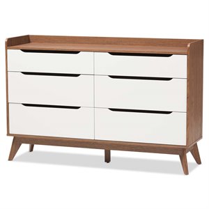 Bowery Hill Mid-century 6 Drawer Double Dresser in White and Walnut
