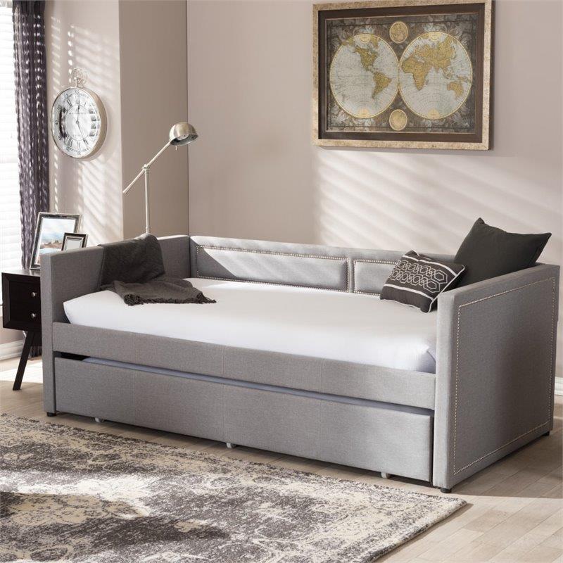 Bowery Hill Contemporary Twin Daybed in Gray Linen Fabric