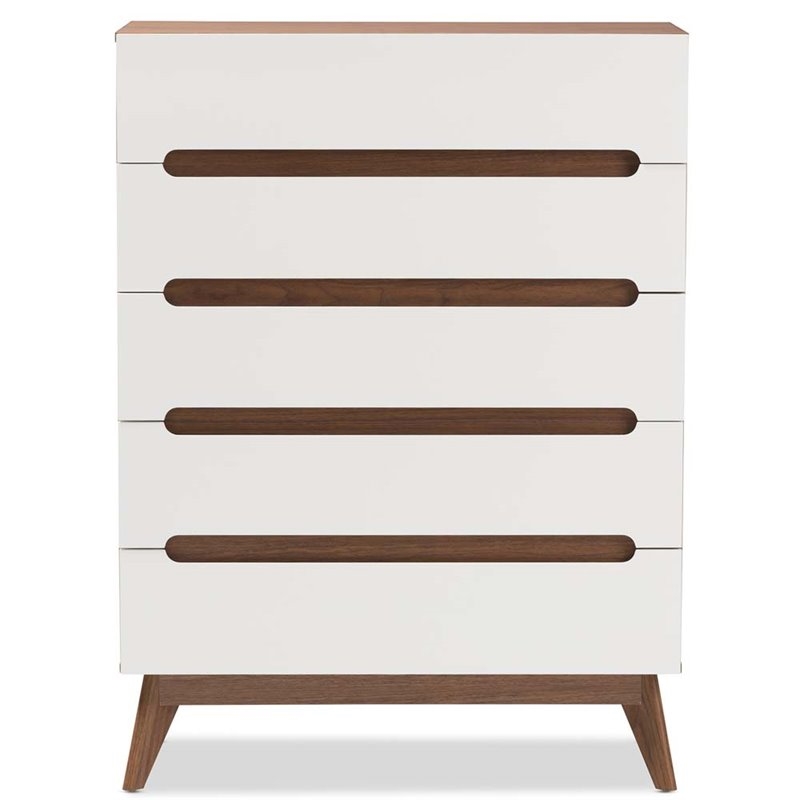 Bowery Hill Mid-Century 5-Drawer Board Wood Chest in White/Walnut
