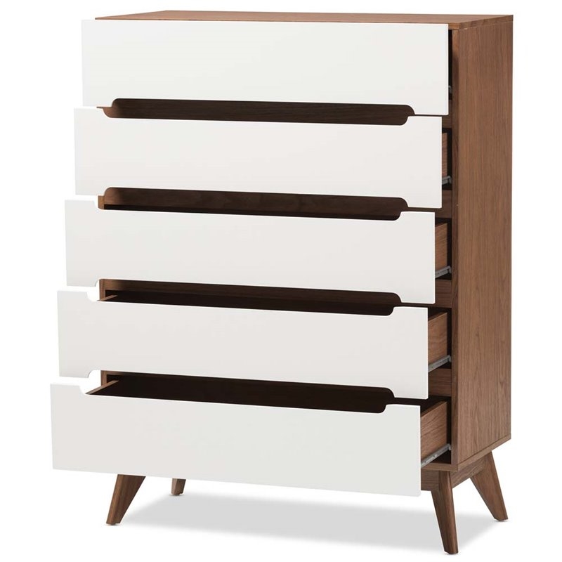 Bowery Hill Mid-Century 5-Drawer Board Wood Chest in White/Walnut