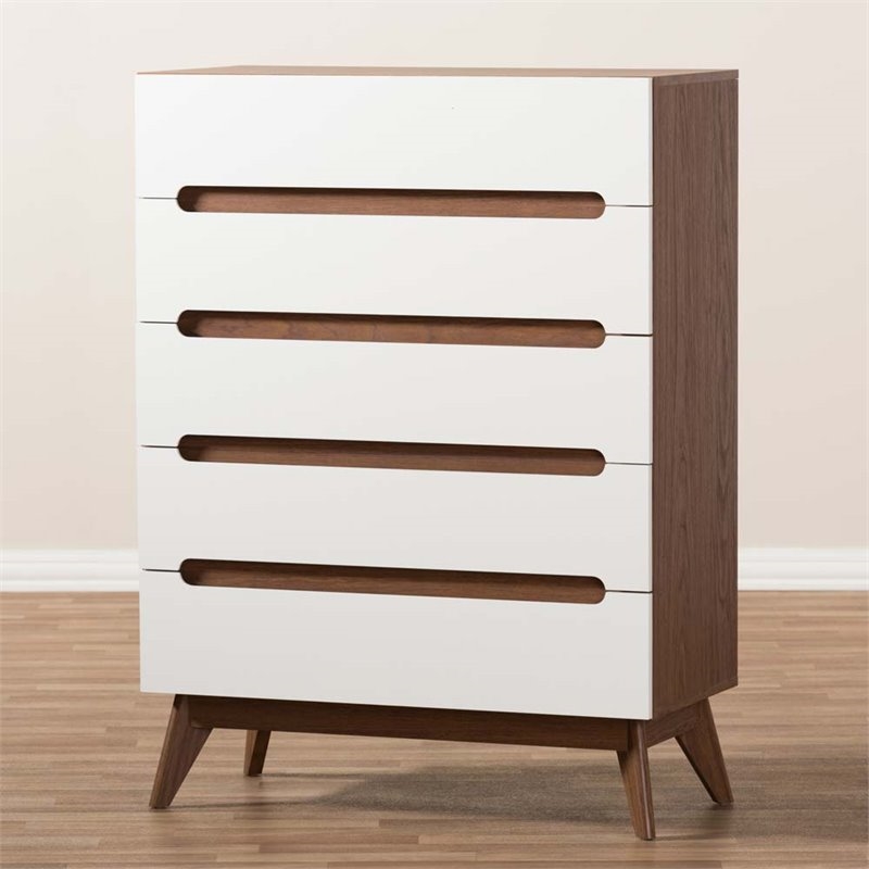 Bowery Hill Mid-Century 5-Drawer Board Wood Chest in White/Walnut