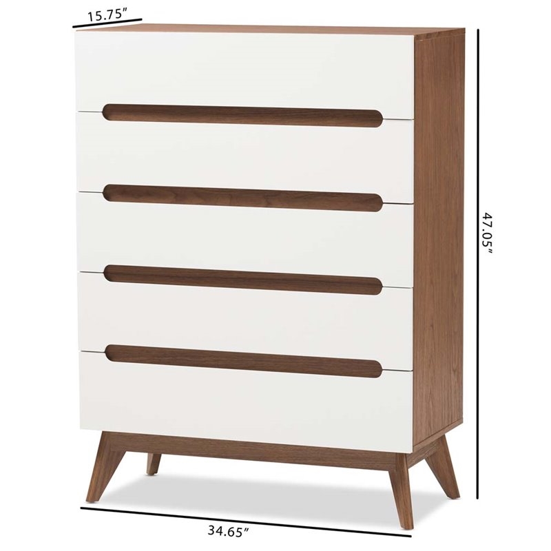 Bowery Hill Mid-Century 5-Drawer Board Wood Chest in White/Walnut