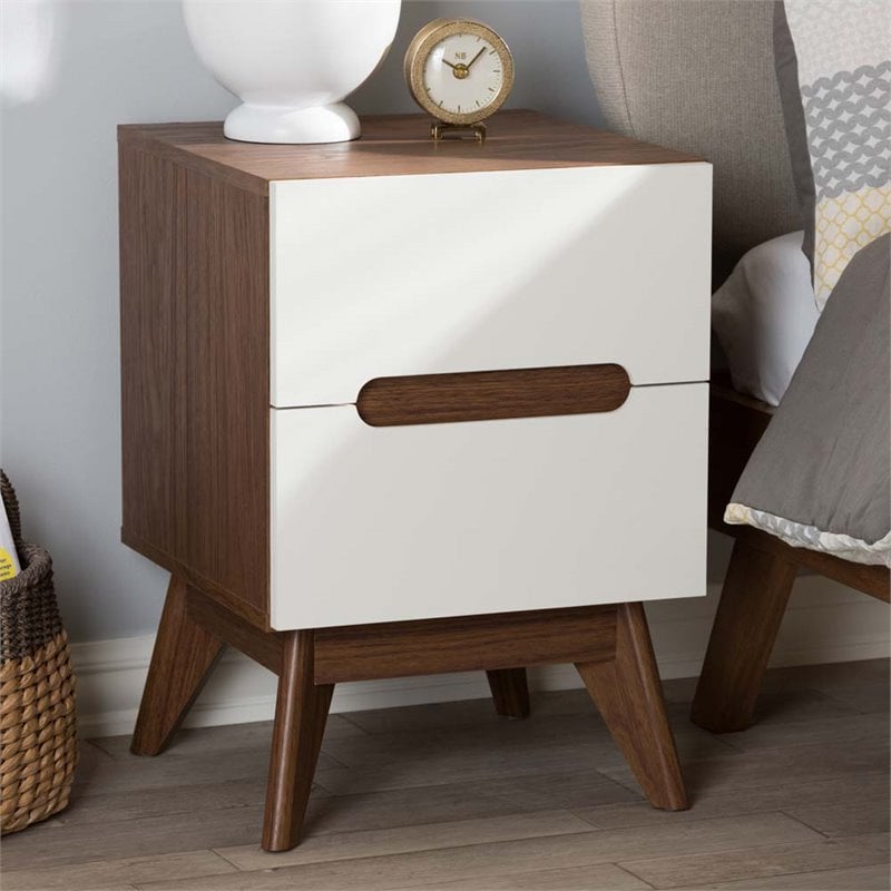 Bowery Hill Mid-Century 2 Drawer Nightstand in White and Walnut