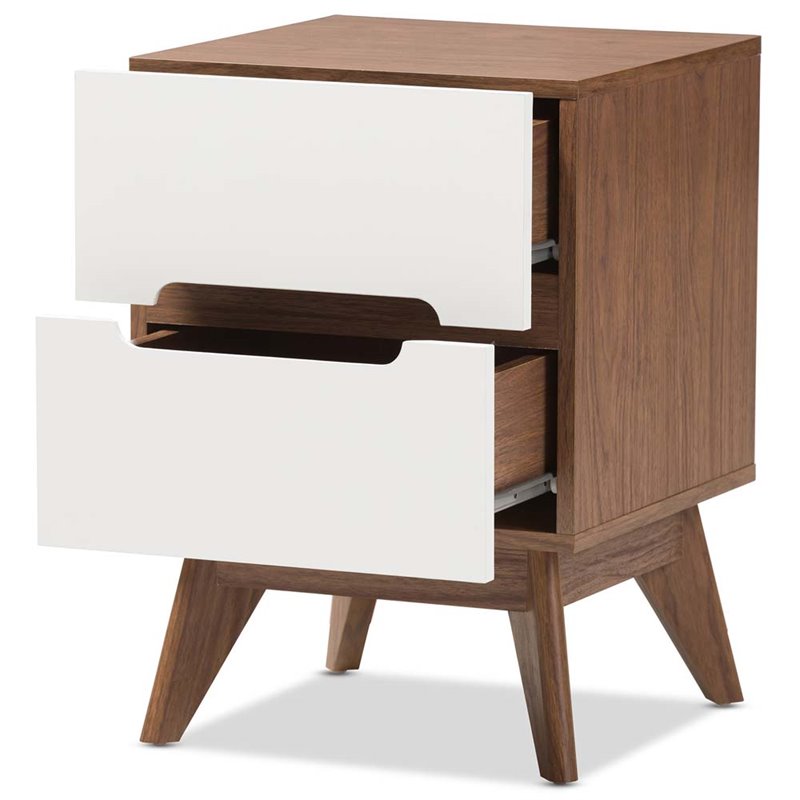 Bowery Hill Mid-Century 2 Drawer Nightstand in White and Walnut