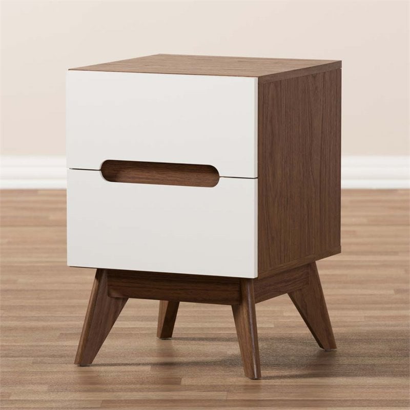 Bowery Hill Mid-Century 2 Drawer Nightstand in White and Walnut