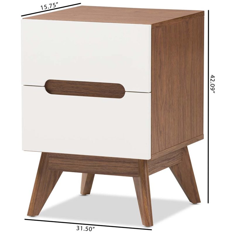 Bowery Hill Mid-Century 2 Drawer Nightstand in White and Walnut