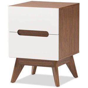 Bowery Hill Mid-Century 2 Drawer Nightstand in White and Walnut