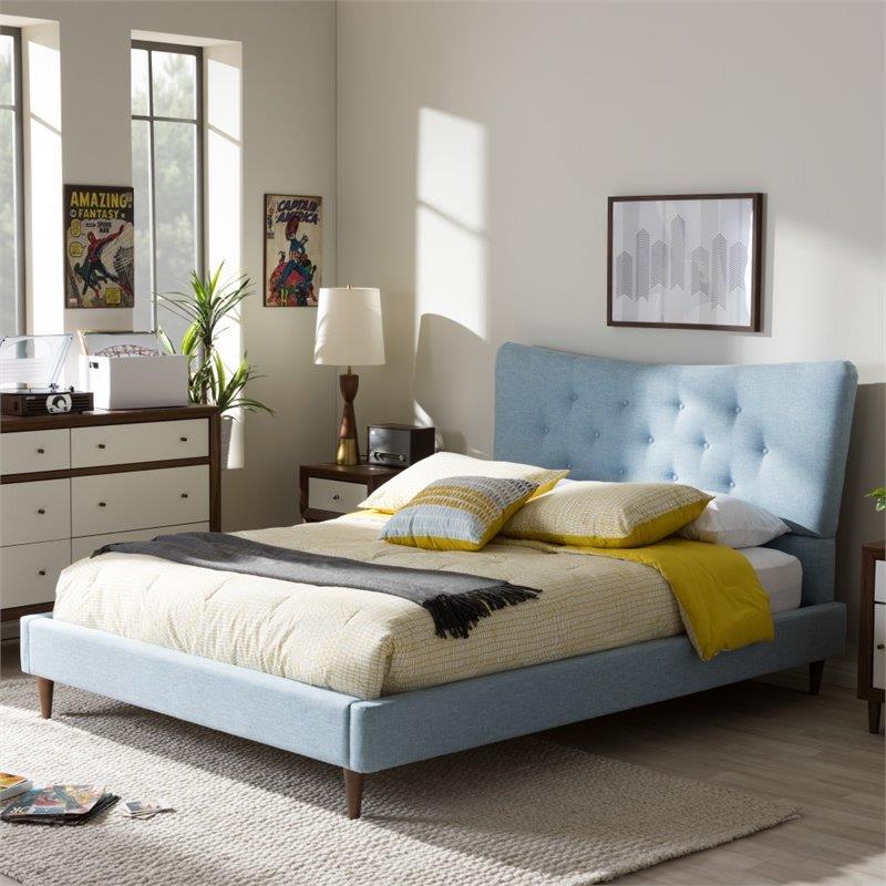 Bowery Hill Contemporary Queen Platform Bed in Light Blue Fabric