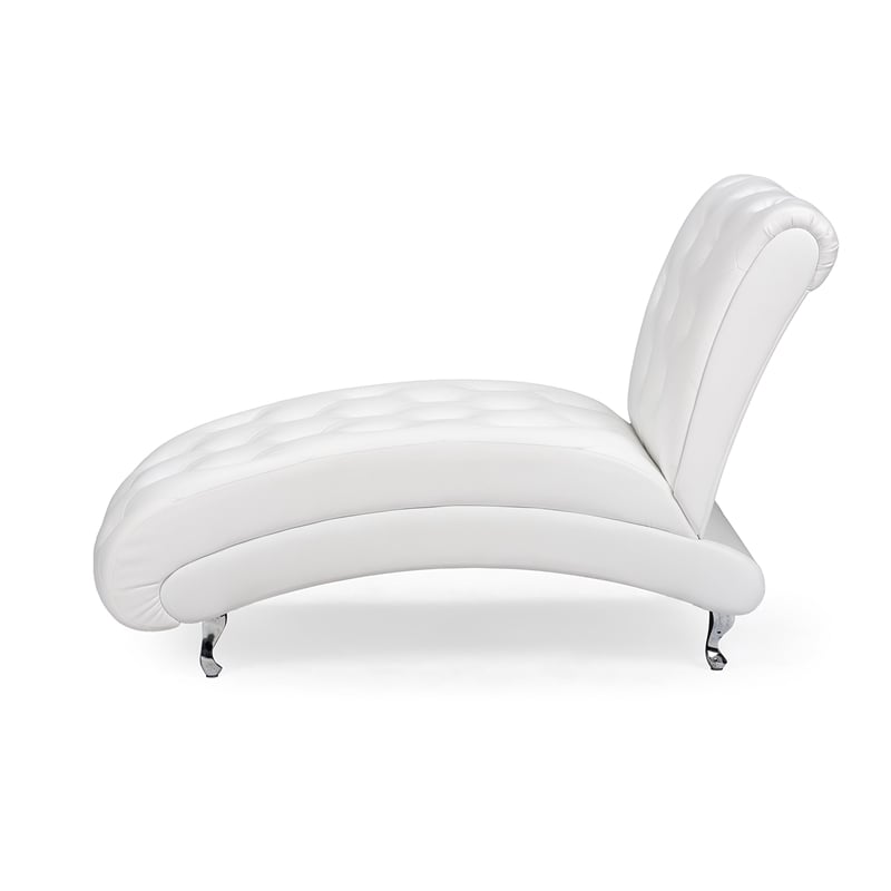 Bowery Hill Mid-Century Faux Leather Tufted Chaise Lounge in White