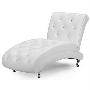 bowery hill mid-century faux leather tufted chaise lounge in white
