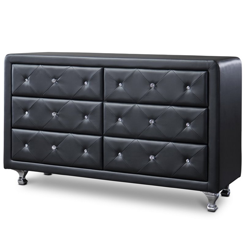 Bowery Hill Mid-Century 6 Drawer Faux Leather Double Dresser in Black