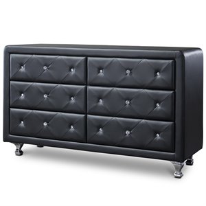 Bowery Hill Mid-Century 6 Drawer Faux Leather Double Dresser in Black