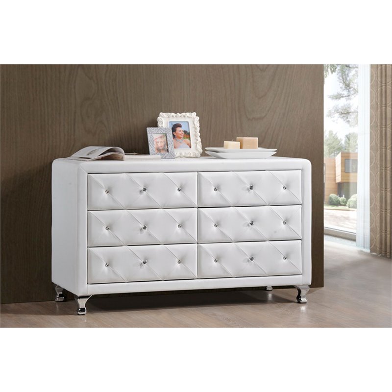 Bowery Hill Mid-Century 6 Drawer Faux Leather Double Dresser in White
