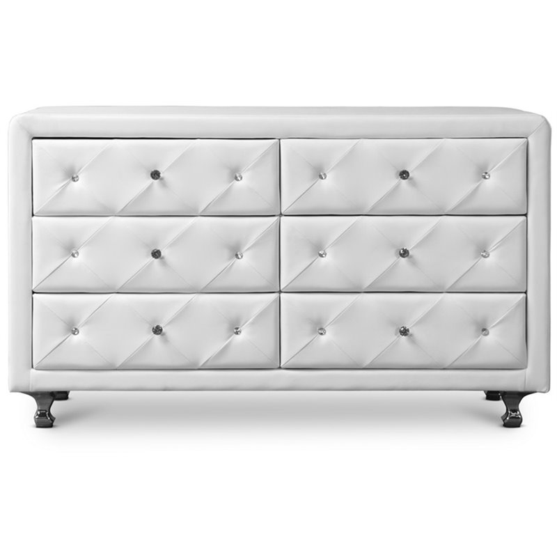 Bowery Hill Mid-Century 6 Drawer Faux Leather Double Dresser in White