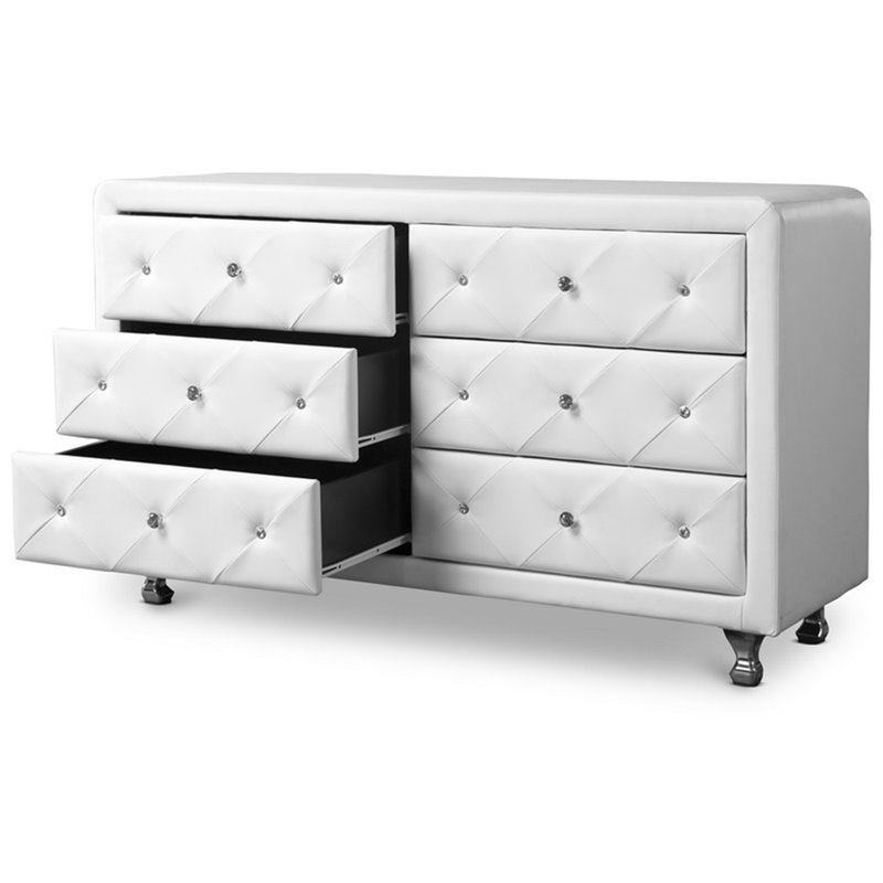 Bowery Hill Mid-Century 6 Drawer Faux Leather Double Dresser in White