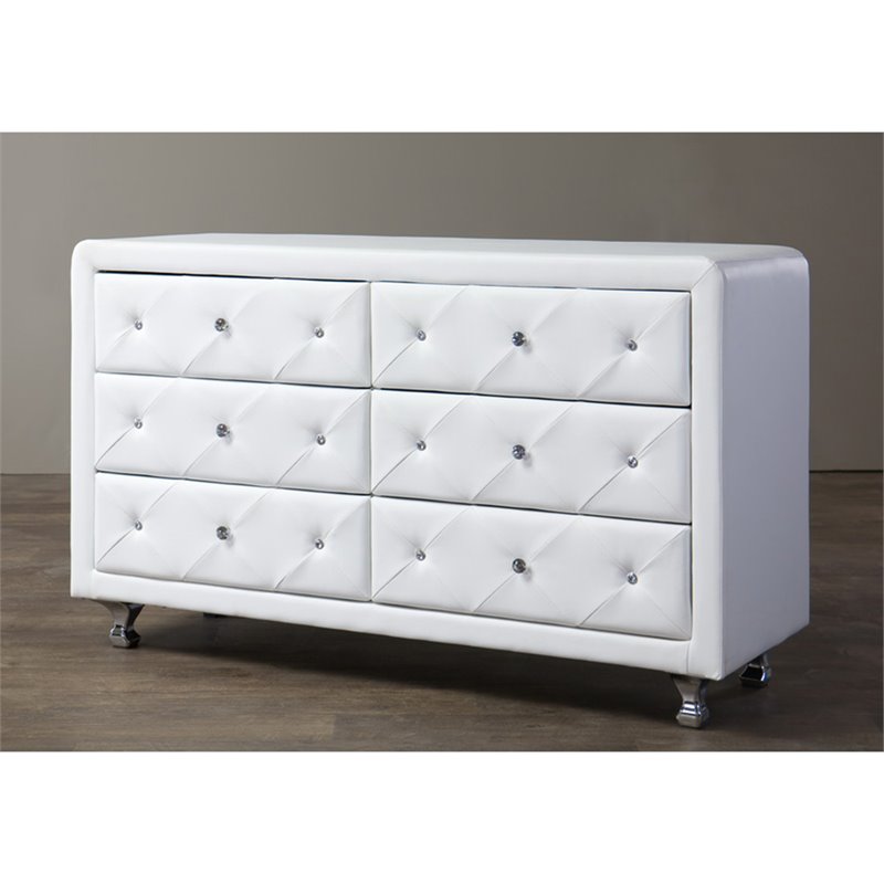 Bowery Hill Mid-Century 6 Drawer Faux Leather Double Dresser in White