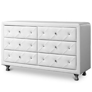 Bowery Hill Mid-Century 6 Drawer Faux Leather Double Dresser in White