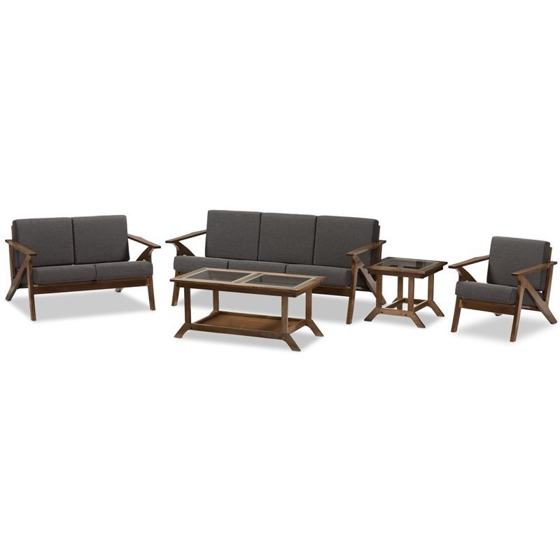 Bowery Hill Mid-century 5 Piece Sofa Set in Gray and Walnut Finish