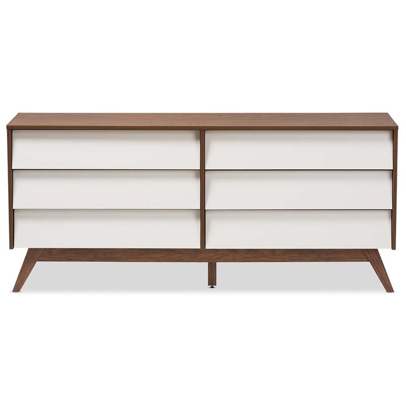 Bowery Hill 6 Drawer Double Dresser in White and Walnut Brown