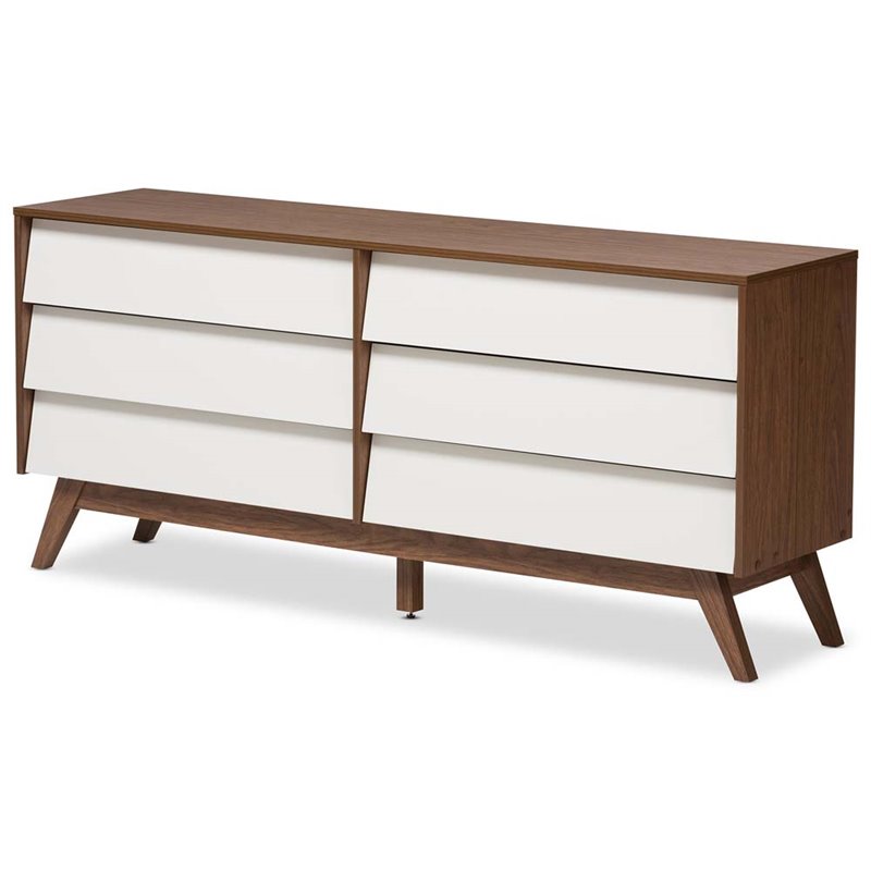 Bowery Hill 6 Drawer Double Dresser in White and Walnut Brown