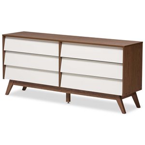 Bowery Hill 6 Drawer Double Dresser in White and Walnut Brown