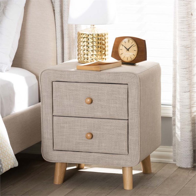 Bowery Hill Modern 2 Drawer Linen Upholstered Nightstand in Beige